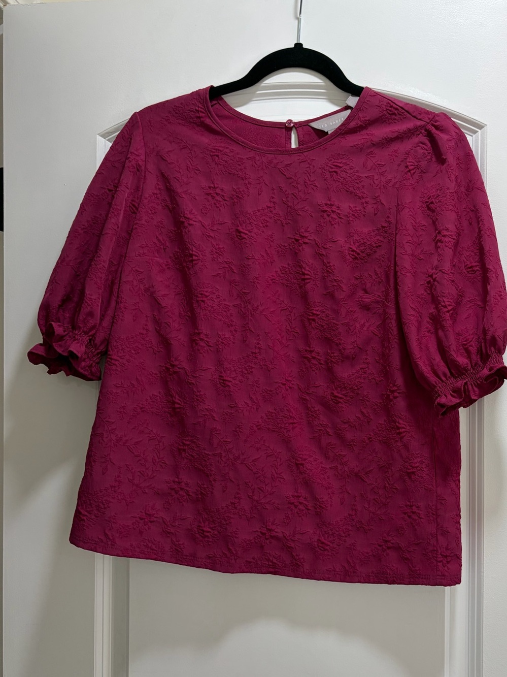 Ted Baker Burgundy Wine Floral Jacquard Puff Sleeve Blouse Top